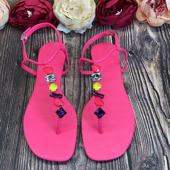 Schutz Neon Pink Eryl Embellished Thong Sandals 9B - Picture 2 of 8